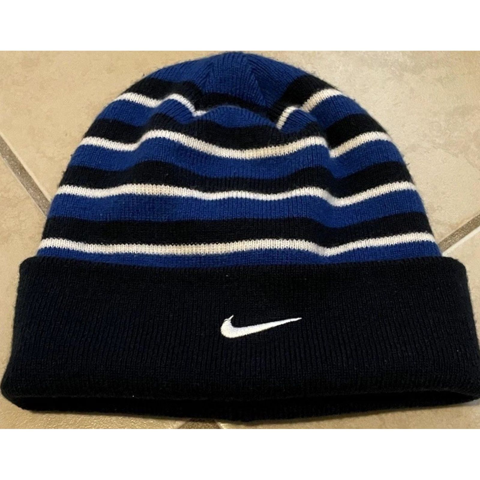Nike VINTAGE Nike Swoosh Beanie Striped AOP Blue 90s Grunge Skate Surf Vtg Swoosh Beanie Mens One Size Size ONE SIZE - 2 Thumbnail