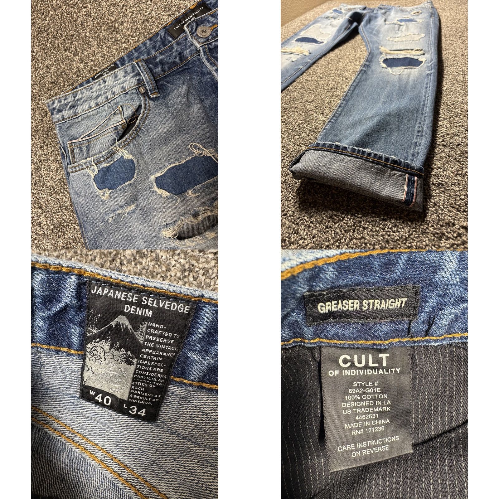 Cult Of Individuality Cult Of Individuality Jeans Mens 40x34 Selvedge Japanese Greaser Patchwork Denim Straight 5-Pocket Blue Size US 40 / EU 56 - 8 Thumbnail