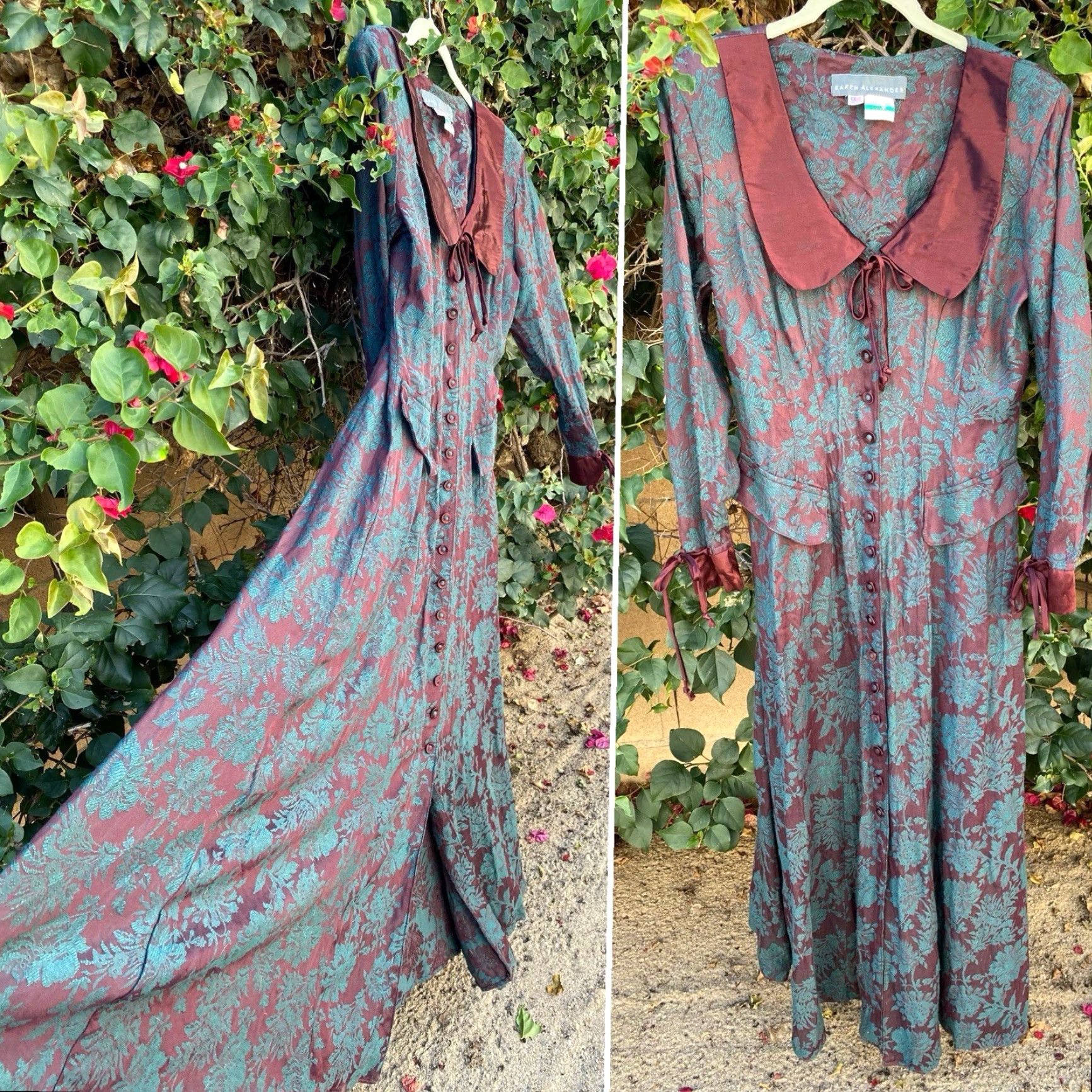 VINTAGE Karen Alexander Maxi Dress 1980s 1990s Floral Jacquard Burgundy Green USA 8 Red Bohemian Shirt?