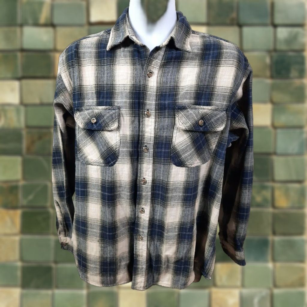 Vintage VINTAGE Field & Stream Thick Heavy Flannel Shirt Mens L Blue Beige Plaid T4F Size US L / EU 52-54 / 3 - 1 Thumbnail