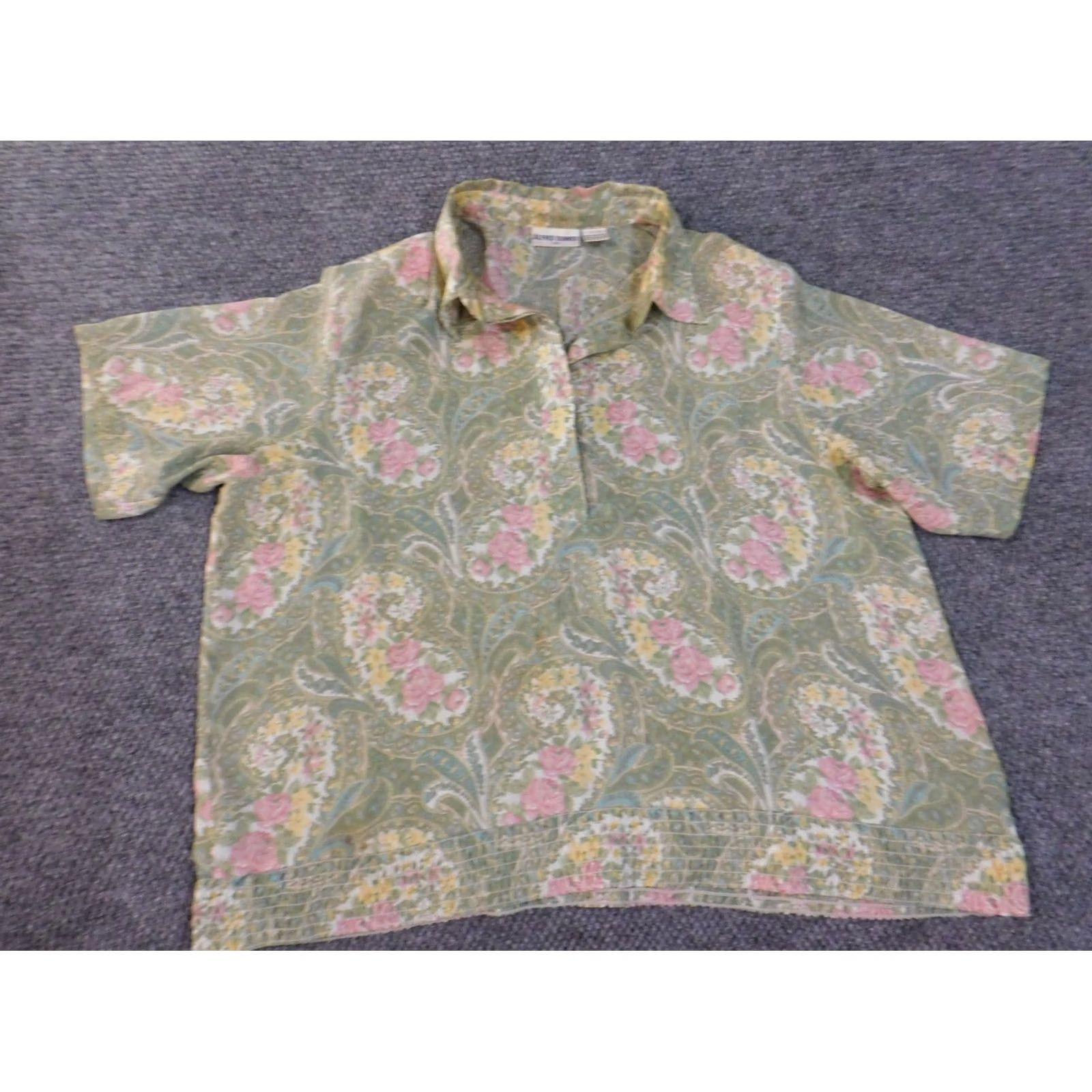 Vintage Alfred Dunner Blouse Womens Plus 20 Green Floral Geometric Short Sleeve Collared Pullover Polyester Woven Stretch Casual Shirt Size 3XL / US 20-22 - 3 Thumbnail