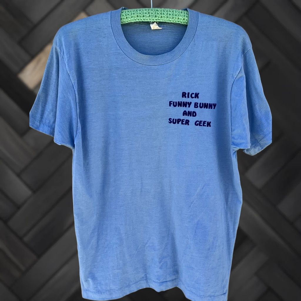Vintage VINTAGE Rick Funny Bunny and Super Geek t-shirt (iron on lettering) 80s 1980s L Shirt Unisex Blue Screen Stars 1980s Mens Womens Girls Boys Size US L / EU 52-54 / 3 - 1 Thumbnail