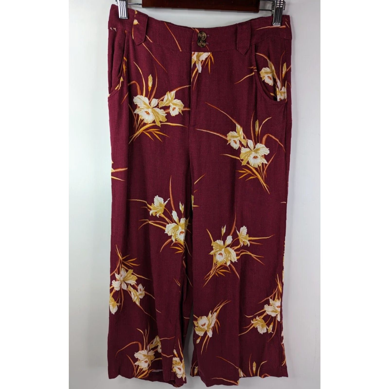 Vintage ModCloth Burgundy Floral Linen Blend Join Joyfully Culotte Pants Women’s Size 6 Size 28" / US 6 / IT 42 - 2 Thumbnail