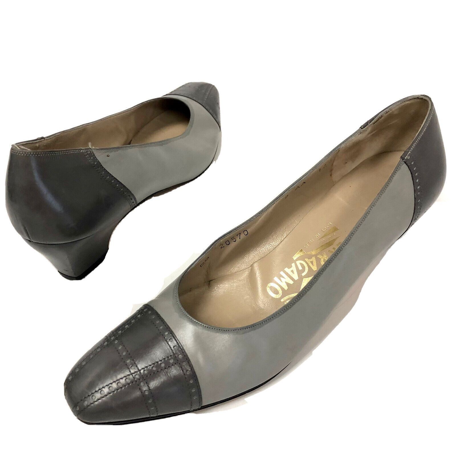 Salvatore Ferragamo Vtg Salvatore Ferragamo Italy Gray Leather CAP TOE Pumps Size US 8 / IT 38 - 4 Thumbnail