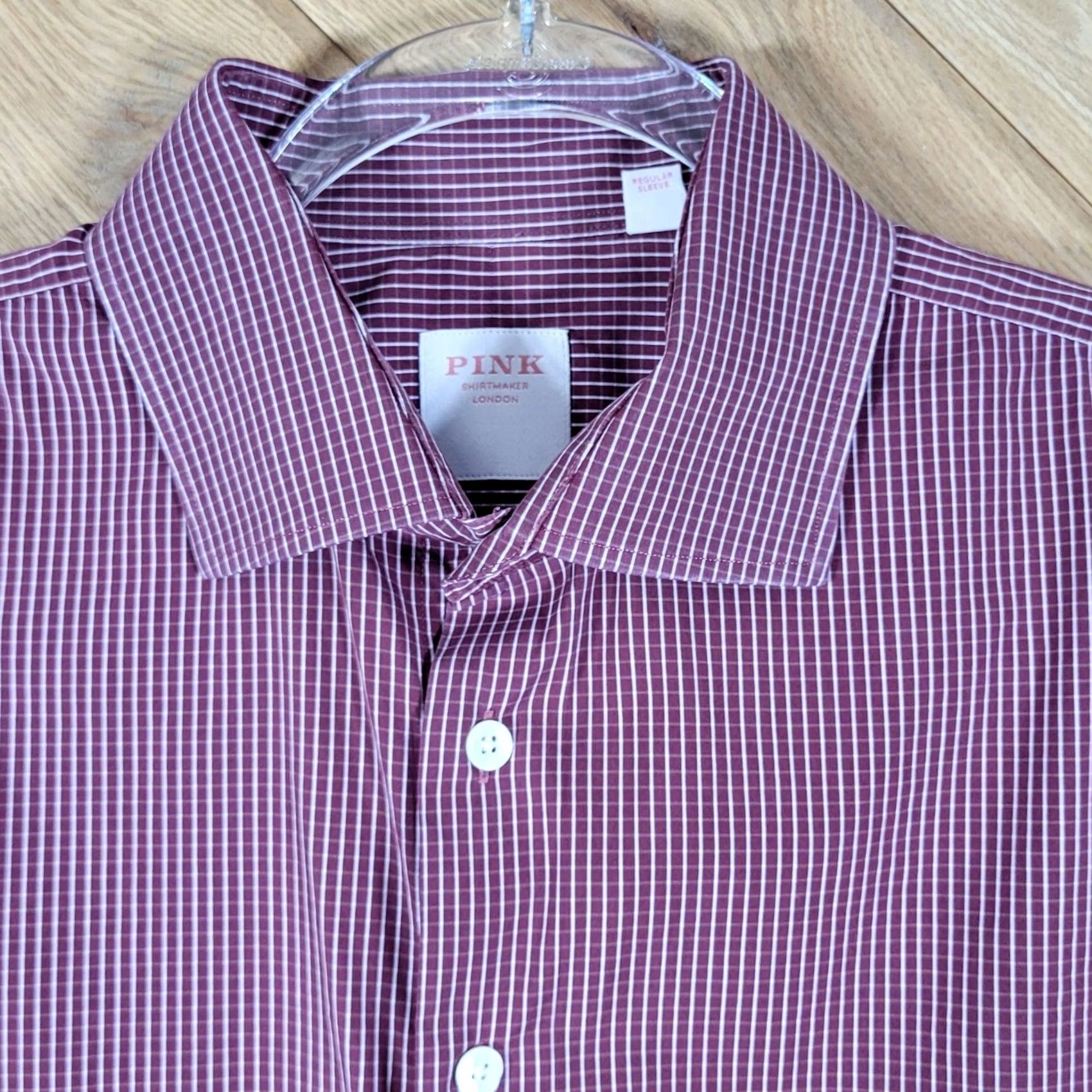 Pinko PINK Shirtmaker London Mens Athletic Fit Dress Shirt 17 Regular Sleeve Burgundy Check Long Sleeve Size 46R - 5 Thumbnail