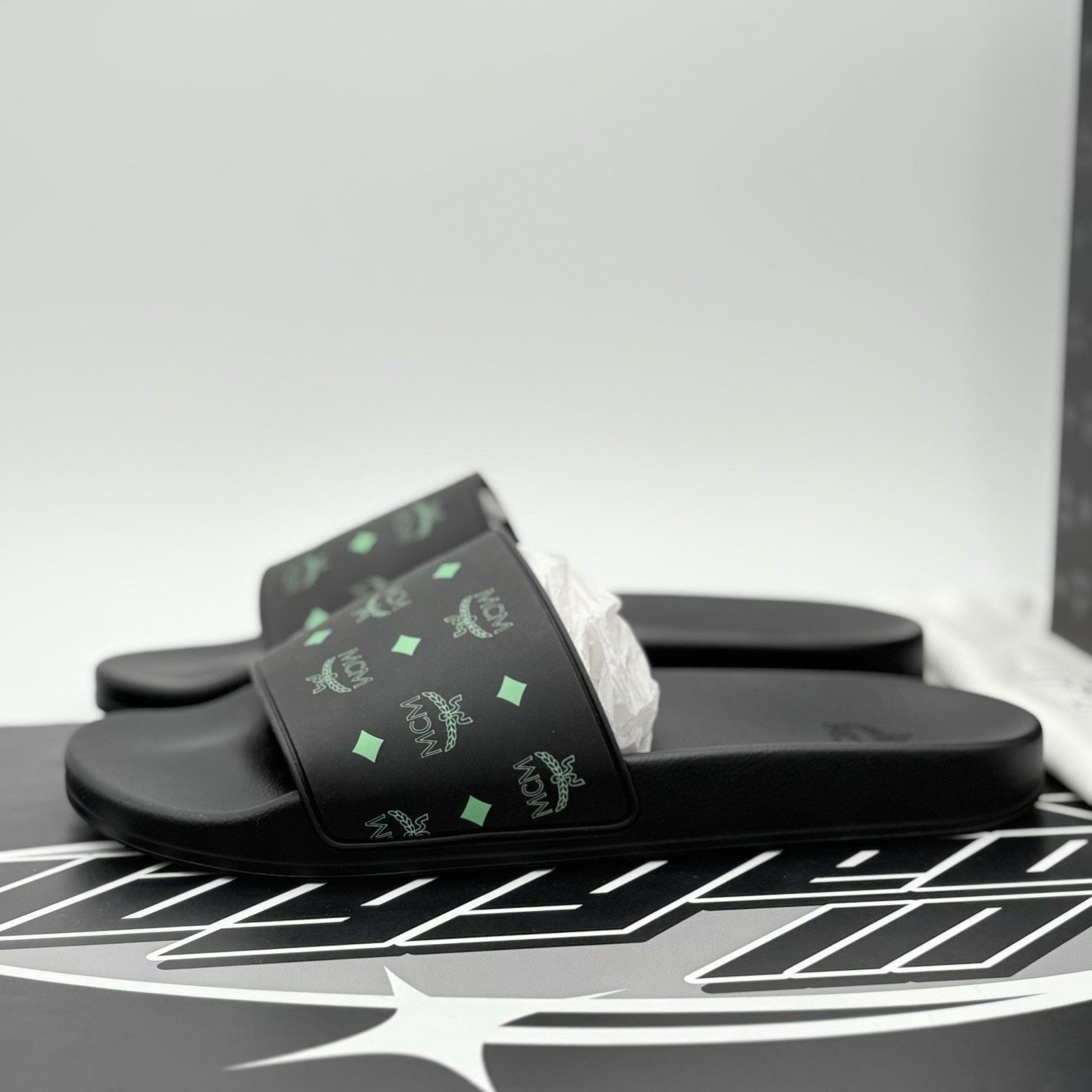 MCM MCM Monogram Print Slides ' Black Splash Green ' | NEW! Size US 12 / EU 45 - 1 Thumbnail