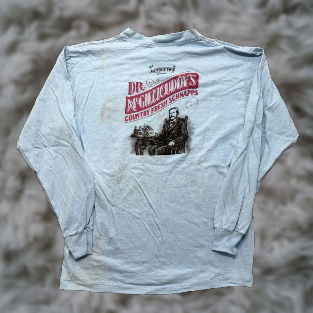 Anvil VINTAGE Anvil Dr Mcgillicuddy's T Shirt Mens XL Long Sleeve Graphic Print 90s Beer Blue Cotton Knit Crew Neck 2-Sided Easy Care Size US XL / EU 56 / 4 - 1 Thumbnail