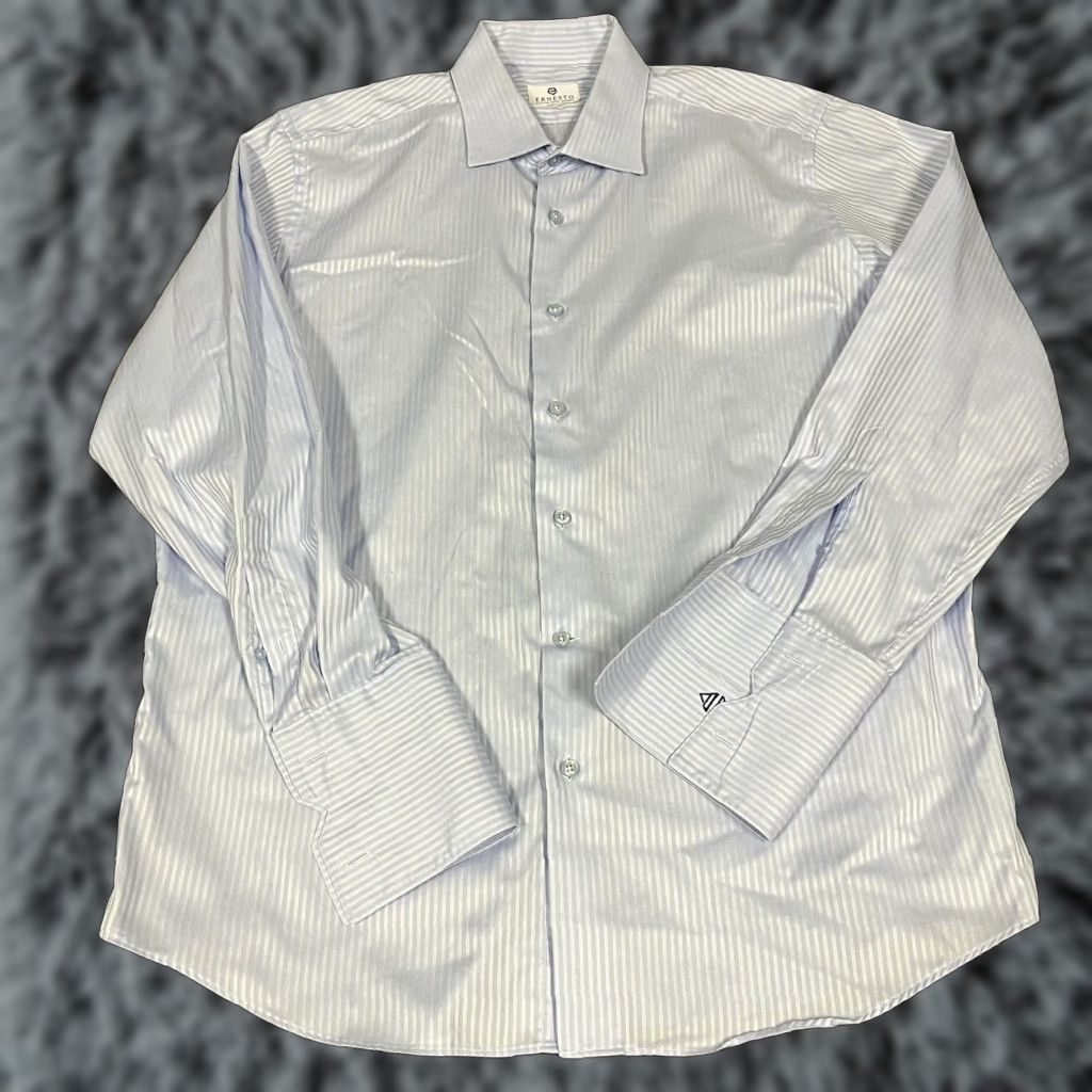 VINTAGE Ernesto Custom Clothier Dress Shirt 2XL Chest 50” Blue Peach White Stripe Long Sleeve French Cuffs Button-Front Tailored Mens Shirt