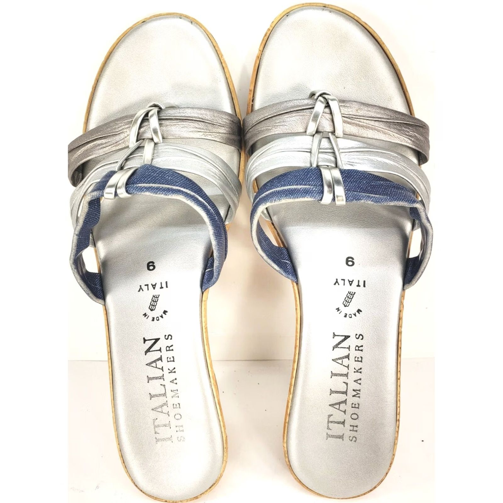 Vintage ITALIAN Shoemaker Denim Silver Wedge Slide Sandal Silver Tone Accent Sz 9 Size US 9 / IT 39 - 6 Thumbnail