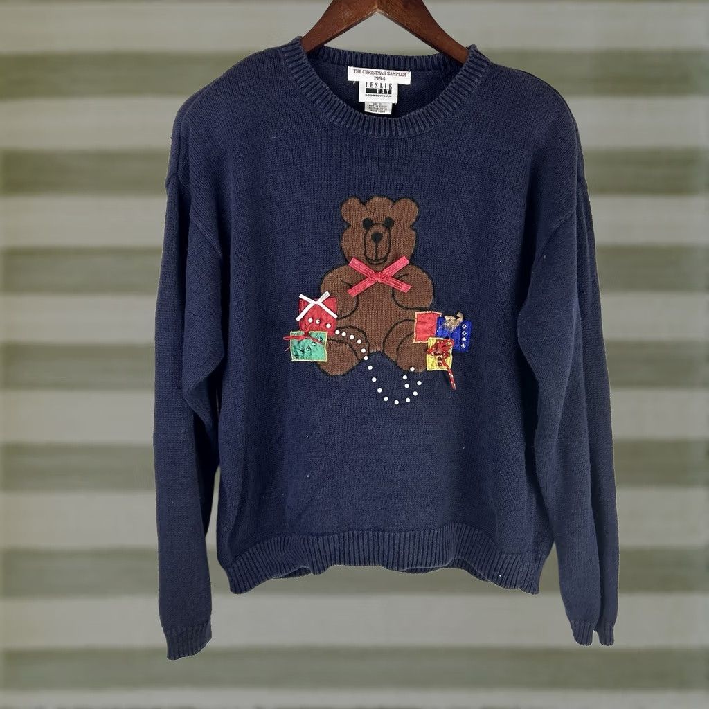Vintage VINTAGE Ugly Christmas Sweater Leslie Fay Women's XL 1994 Bear Presents Blue Cotton Blend 1990s Christmas Mens Womens Size XL / US 12-14 / IT 48-50 - 1 Thumbnail