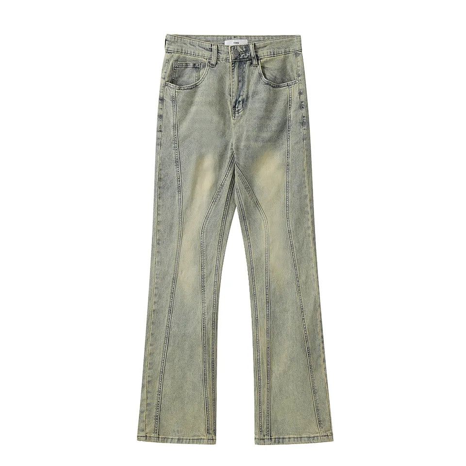 image of Distressed Denim x Jean Yellow Washed Striped Flare Jeans in Blue, Men's (Size 28)