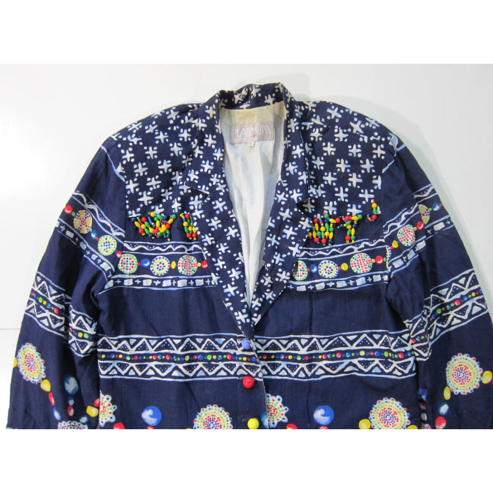 Vintage VINTAGE Platinum Dorothy Schoelen Blue Yellow Beaded Lagenlook Blazer Jacket Women Large Size L / US 10 / IT 46 - 3 Thumbnail