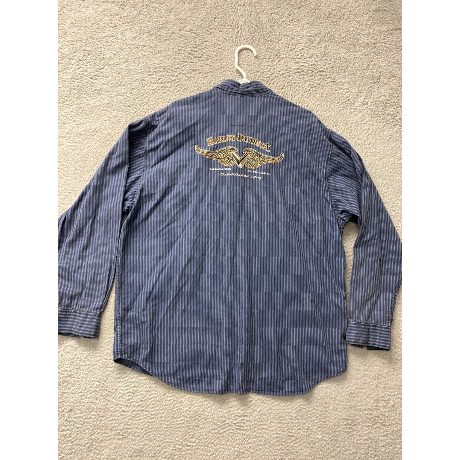 Harley Davidson VINTAGE Harley-Davidson SHIRT Men XL Blue Striped Button-Up Motorcycle 104-24 Mens Size US XL / EU 56 / 4 - 7 Thumbnail
