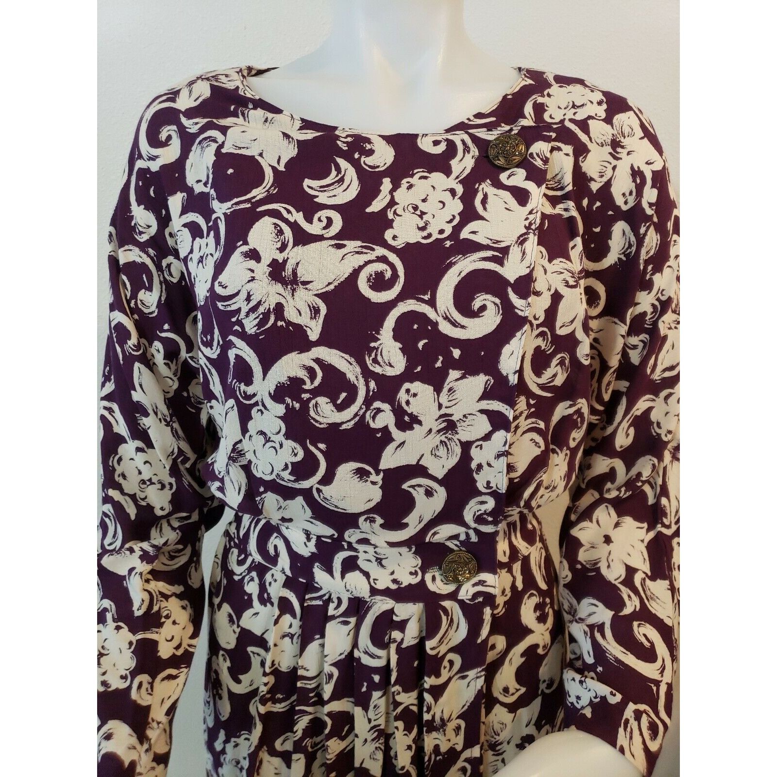 Vintage Vtg Blouson Dress Womens Sz 8 Purple Floral Surplice Long Sl Size M / US 6-8 / IT 42-44 - 2 Thumbnail
