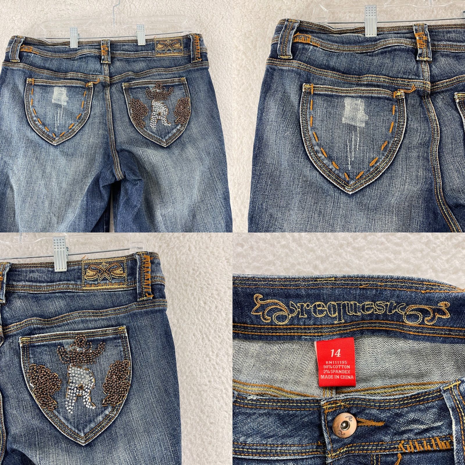 Vintage Request Jeans Jeans Womens Cropped Denim Blue Beaded Embroidered Size 14 5-Pocket Regular Rise Mid 23in Inseam 34in Waist Cotton Spandex Casual Pants Size 36" / US 14 / IT 50 - 10 Thumbnail