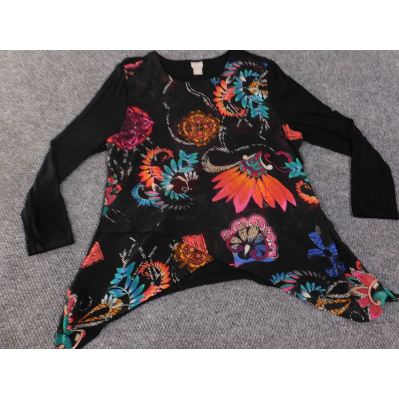 Vintage Chico's Blouse Shirt Womens XL Black Floral Chiffon Sheer Bell Sleeve Scoop Neck Pullover Casual Regular Summer Spring Designer Style Size XL / US 12-14 / IT 48-50 - 4 Thumbnail