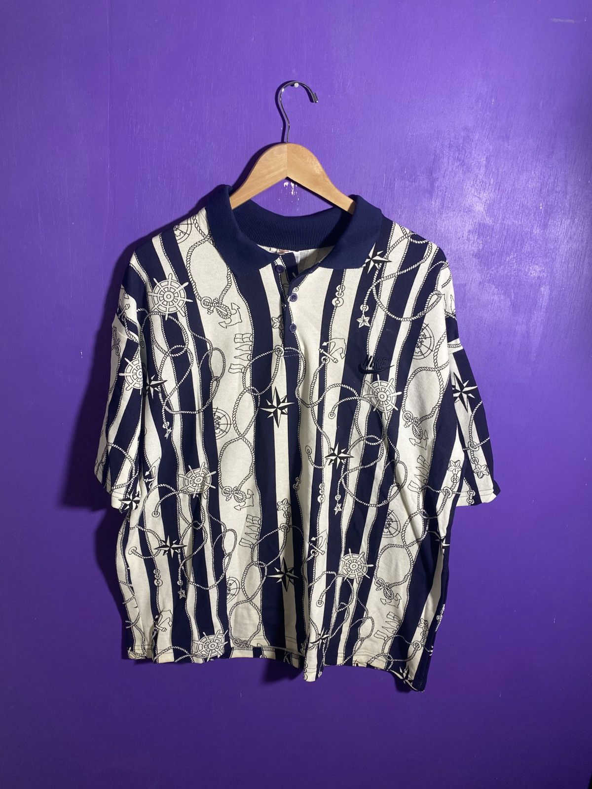 Nike × Vintage Vintage 90s Nike sailor/nautical print polo shirt Size US XL / EU 56 / 4 - 1 Thumbnail