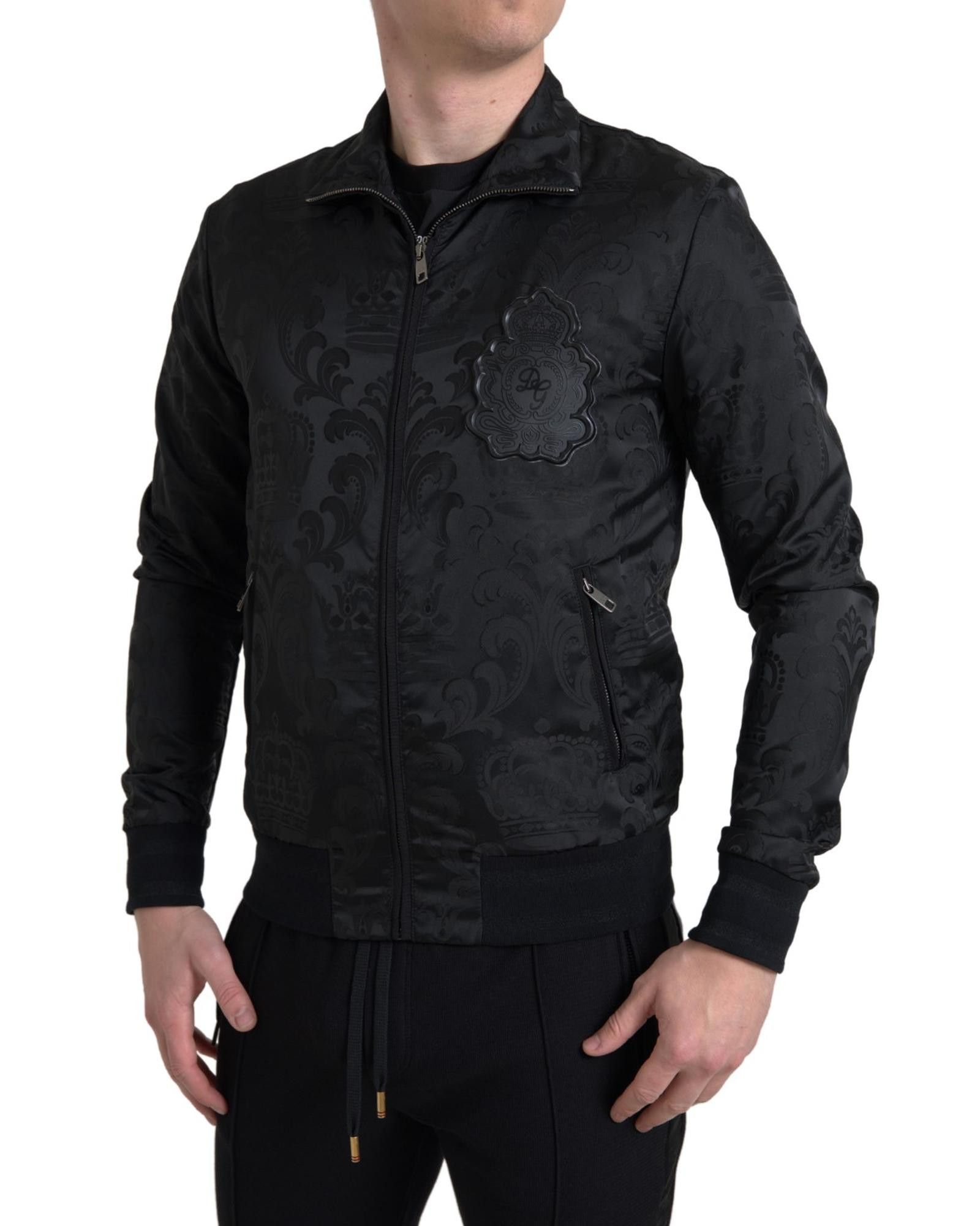 image of Dolce Gabbana Full Zip Brocade Logo Casual Jacket in Black, Men's (Size XS)