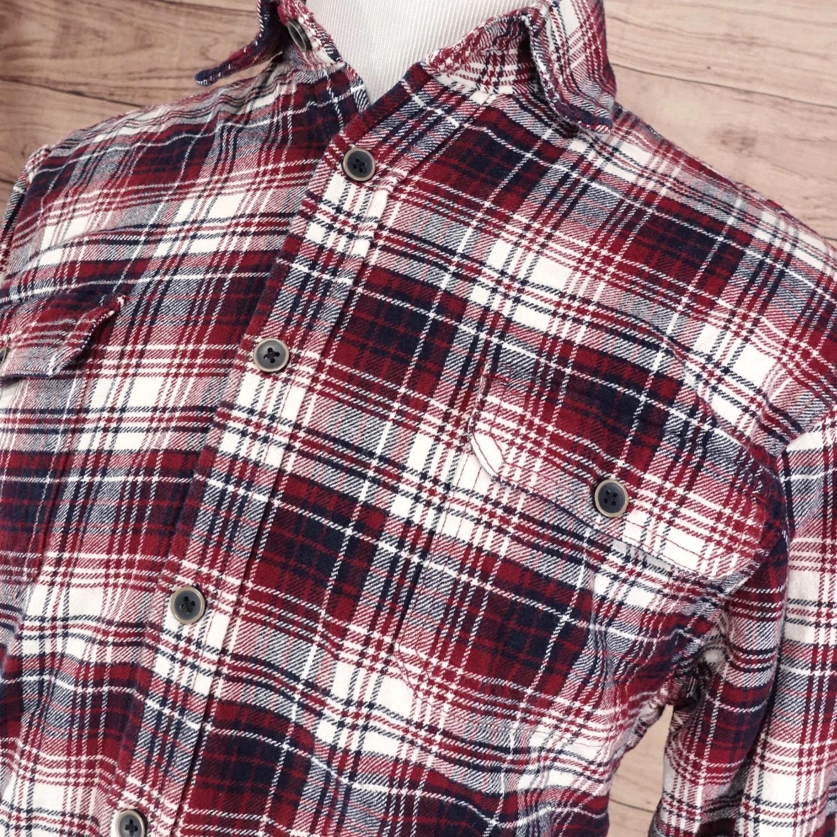 Vintage JACHS Shirt Mens Large Red Navy Plaid Flannel Long Sleeve Button Front Cotton Size US L / EU 52-54 / 3 - 2 Thumbnail