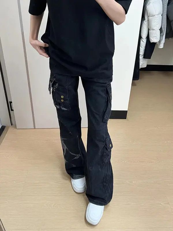 Jean Asakura x Maezo Black Cargo Flare Wide Leg Jeans Size US 32 / EU 48 - 2 Thumbnail
