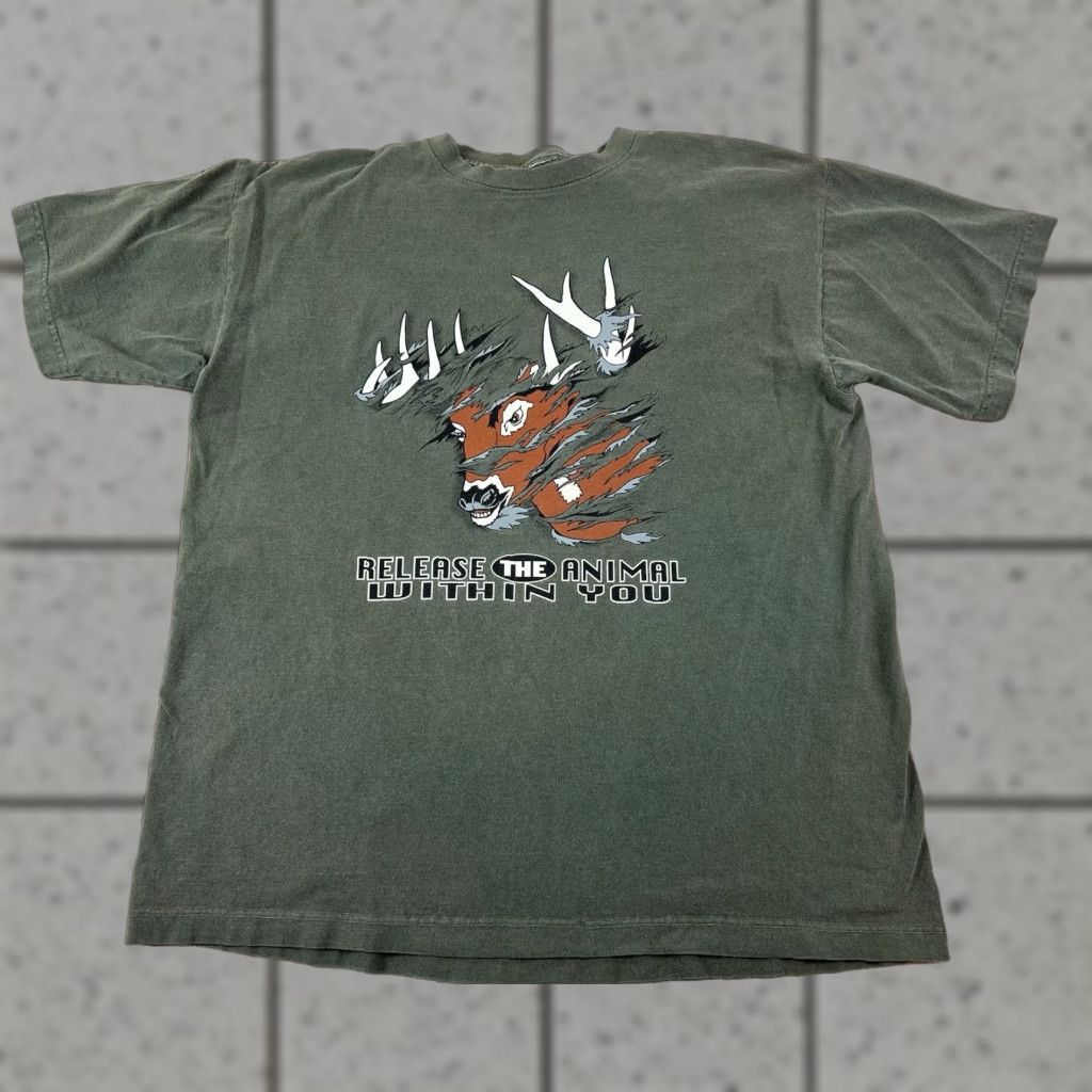 Vintage VINTAGE Deer Buck Release The Animal Within You Green T Shirt XL Men Graphic Print 90s Animals Nature Mens Size US XL / EU 56 / 4 - 1 Thumbnail