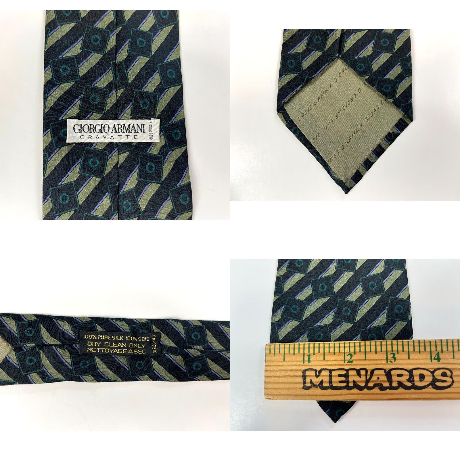 Giorgio Armani VINTAGE Giorgio Armani Cravatte Tie Geometric Silk Made in Italy Men’s Vintage Luxury Silk Tie 100% Silk Black Green 58" Wide 3.75" Mens Size ONE SIZE - 8 Thumbnail
