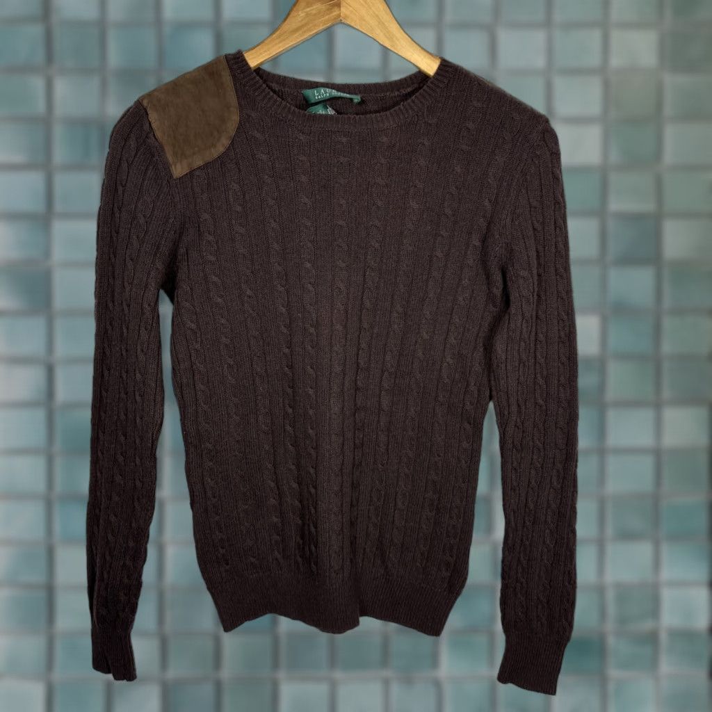 Ralph Lauren Lauren Ralph Lauren Sweater Shirt Women Cable-Knit Brown Crew Neck Long Sleeve Suede Shoulder Patch Small/ S Size S / US 4 / IT 40 - 1 Thumbnail