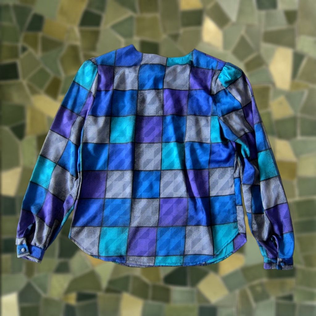 Vintage VINTAGE Kaki Roberts California Blue Grey Plaid Long Sleeve High Neck Blouse S Size S / US 4 / IT 40 - 1 Thumbnail