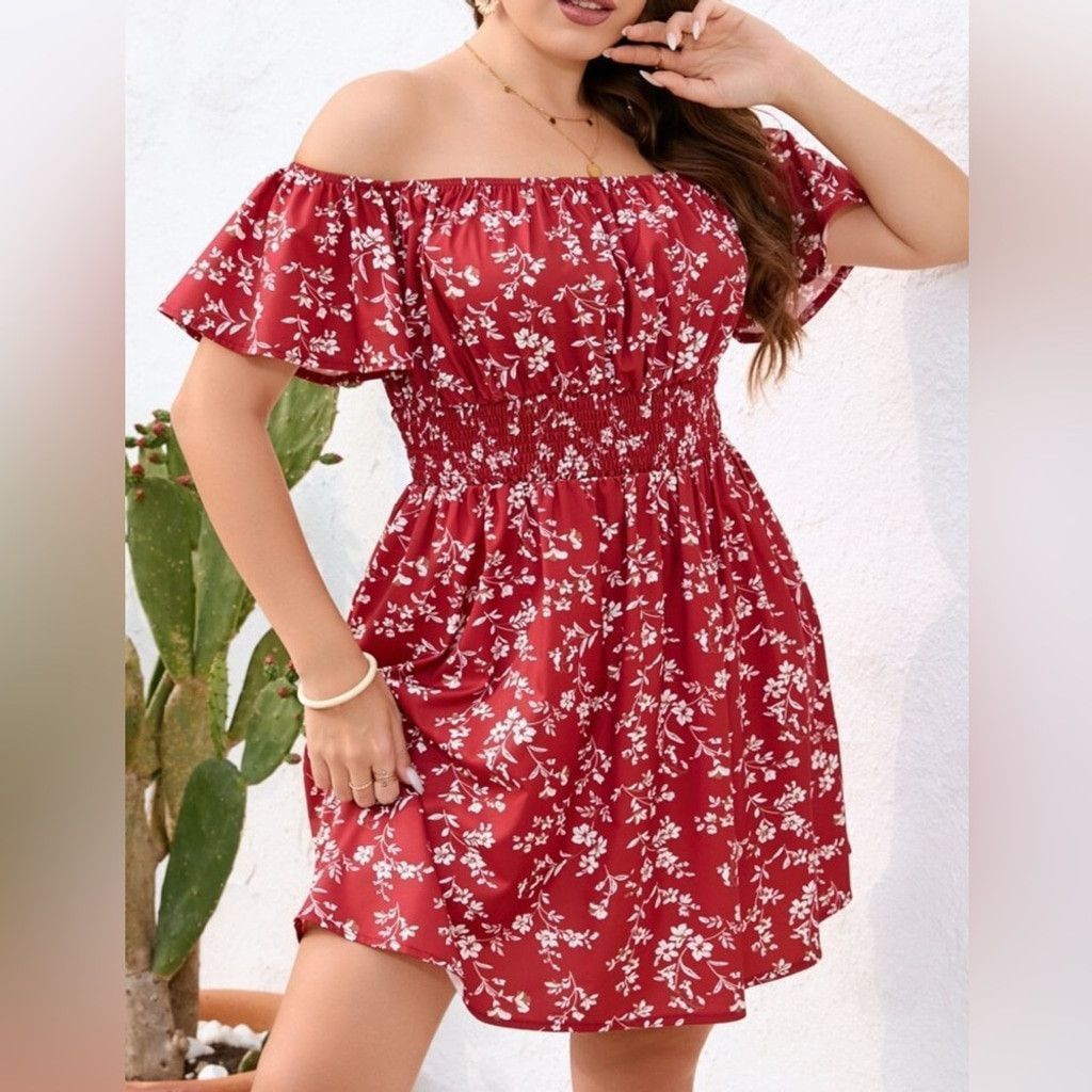 The Unbranded Brand Red and White Off-Shoulder Flutter Sleeve Strapless Dress Size L / US 10 / IT 46 - 1 Thumbnail