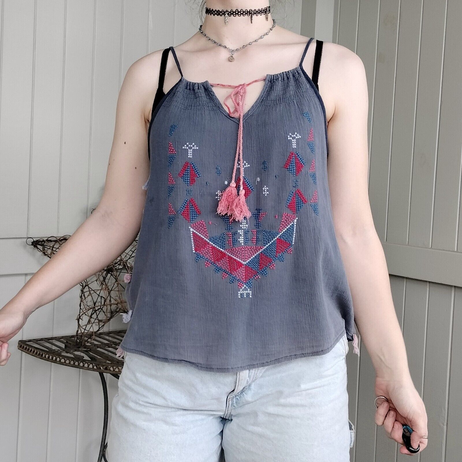 Designer Mahlu Tank Top Singlet Tassel Embroidered Summer Hippie Boho Size XS / US 0-2 / IT 36-38 - 3 Thumbnail