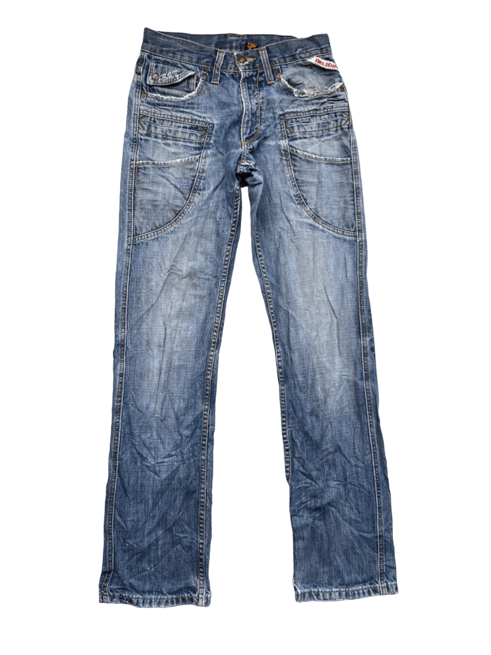 image of Archival Clothing Distressed Full Denim Multipocket Bush Pants Cargo Jeans in Blue Distressed (Size