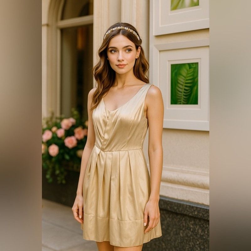 Banana Republic Banana Republic 100% Gold Silk Pleated Lined Cocktail Dress Size M / US 6-8 / IT 42-44 - 8 Thumbnail