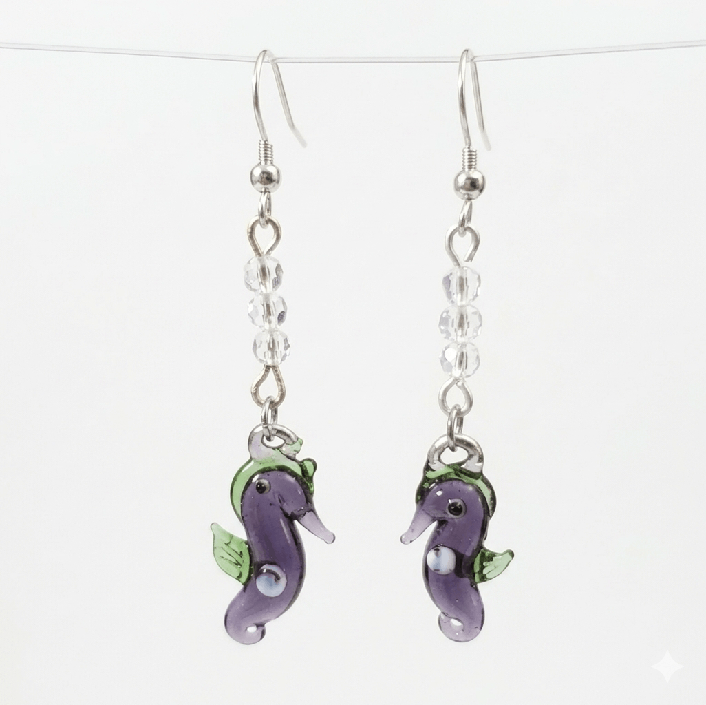 Handmade Glass Seahorse Earrings Artisan Clear Purple Green Sea Size ONE SIZE - 1 Thumbnail
