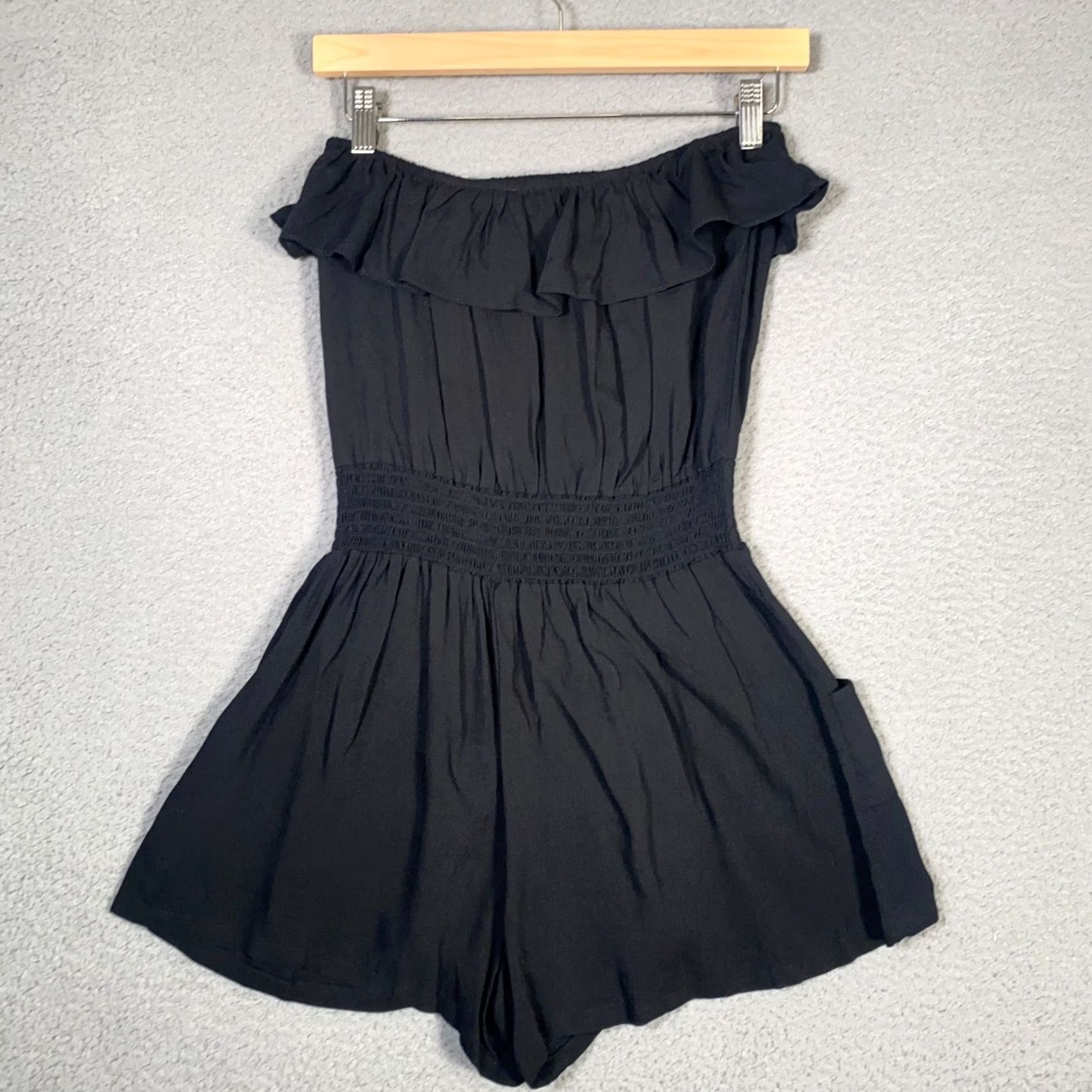 Vintage Mimi Chica Womens Romper Shirt One-Piece Strapless Pocket Smocked Ruffle Y2K Black Medium Size 32" / US 10 / IT 46 - 2 Thumbnail