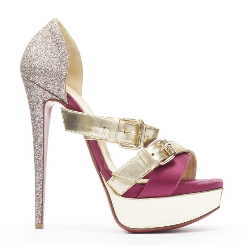 Christian Louboutin CHRISTIAN LOUBOUTIN Ambertina 140 gold pink glitter buckle strappy platform EU36 Size US 6 / IT 36 - 1 Thumbnail