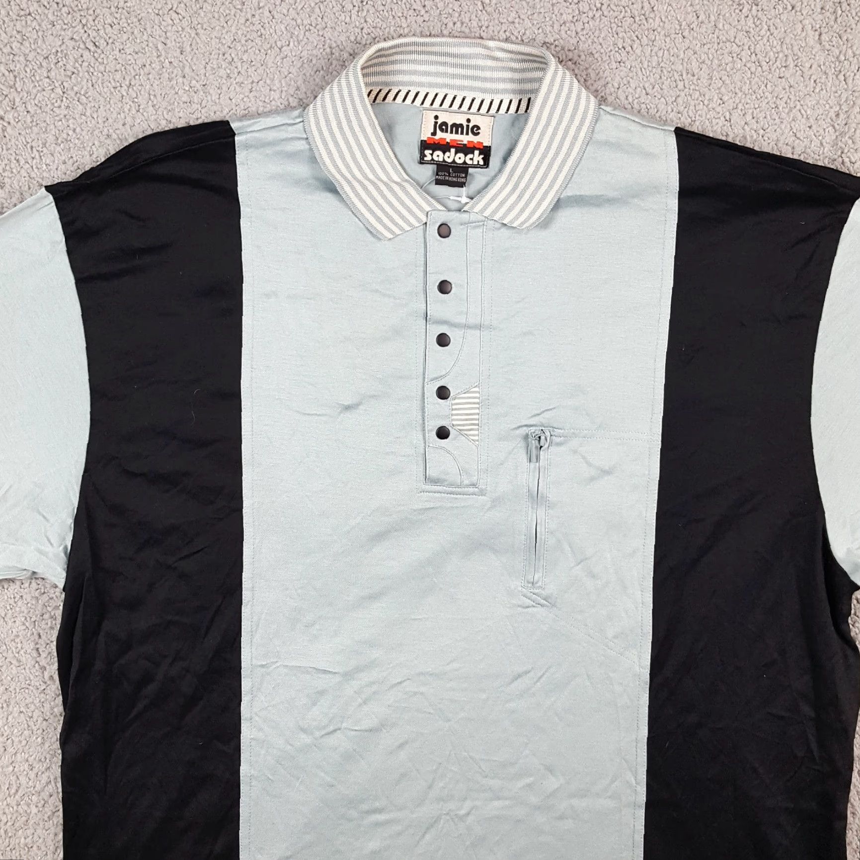 Vintage VINTAGE Jamie Sadock Blue & Black Striped Polo Shirt Men's Large Short Sleeve Button Collar 90s Preppy Casual Size 42R - 2 Thumbnail