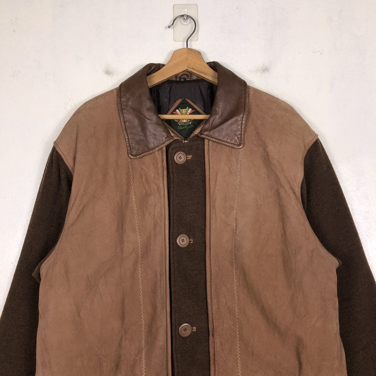 Vintage 📌 WOOL CHORE LEATHER COLLAR JACKET BLUE EFORST ISSEY MIYAKE Size US M / EU 48-50 / 2 - 5 Thumbnail