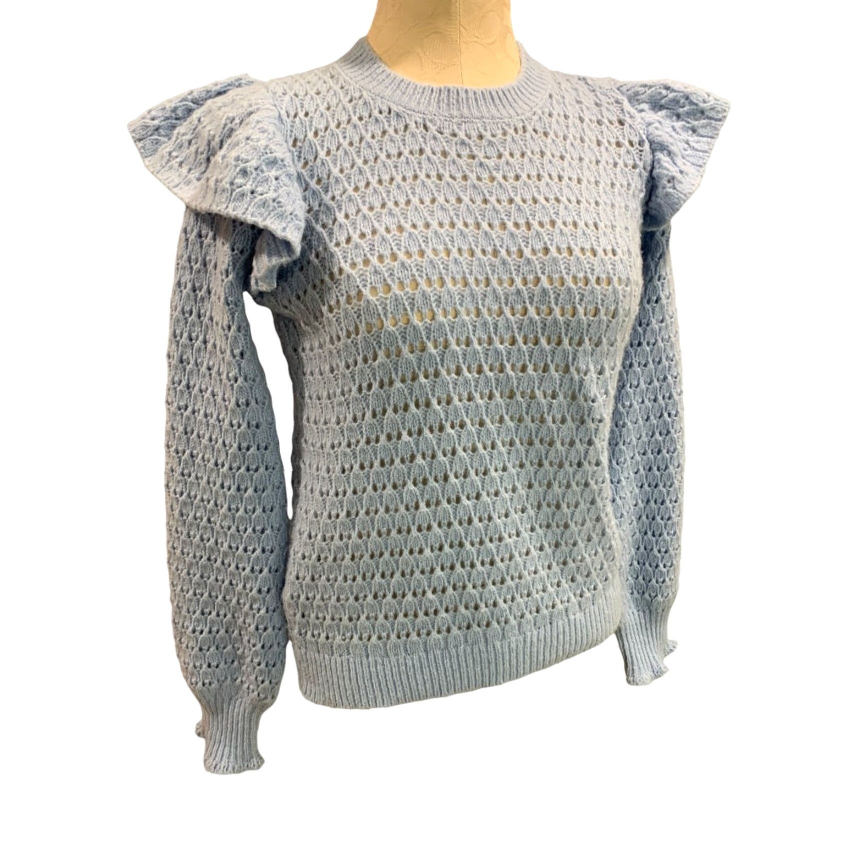 Loft VINTAGE Loft XS Womens Blue Open Weave Sweater Ruffle Shoulder Pullover Size XS / US 0-2 / IT 36-38 - 2 Thumbnail