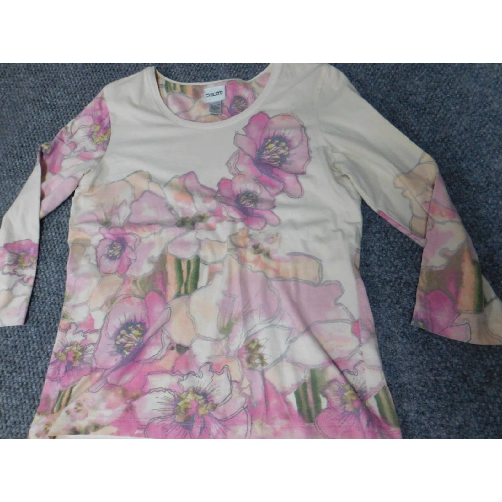 Vintage Chicos Blouse Shirt Beige Floral Crew Neck Long Sleeve Pullover Cotton Stretch Designer Womens Regular Size 1 Size XS / US 0-2 / IT 36-38 - 3 Thumbnail