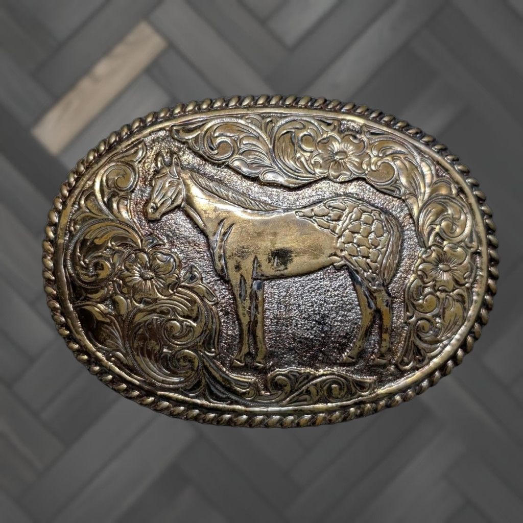 Vintage VINTAGE Crumrine belt buckle BRONZE HORSE floral WESTERN cowboy Men Size ONE SIZE - 1 Thumbnail