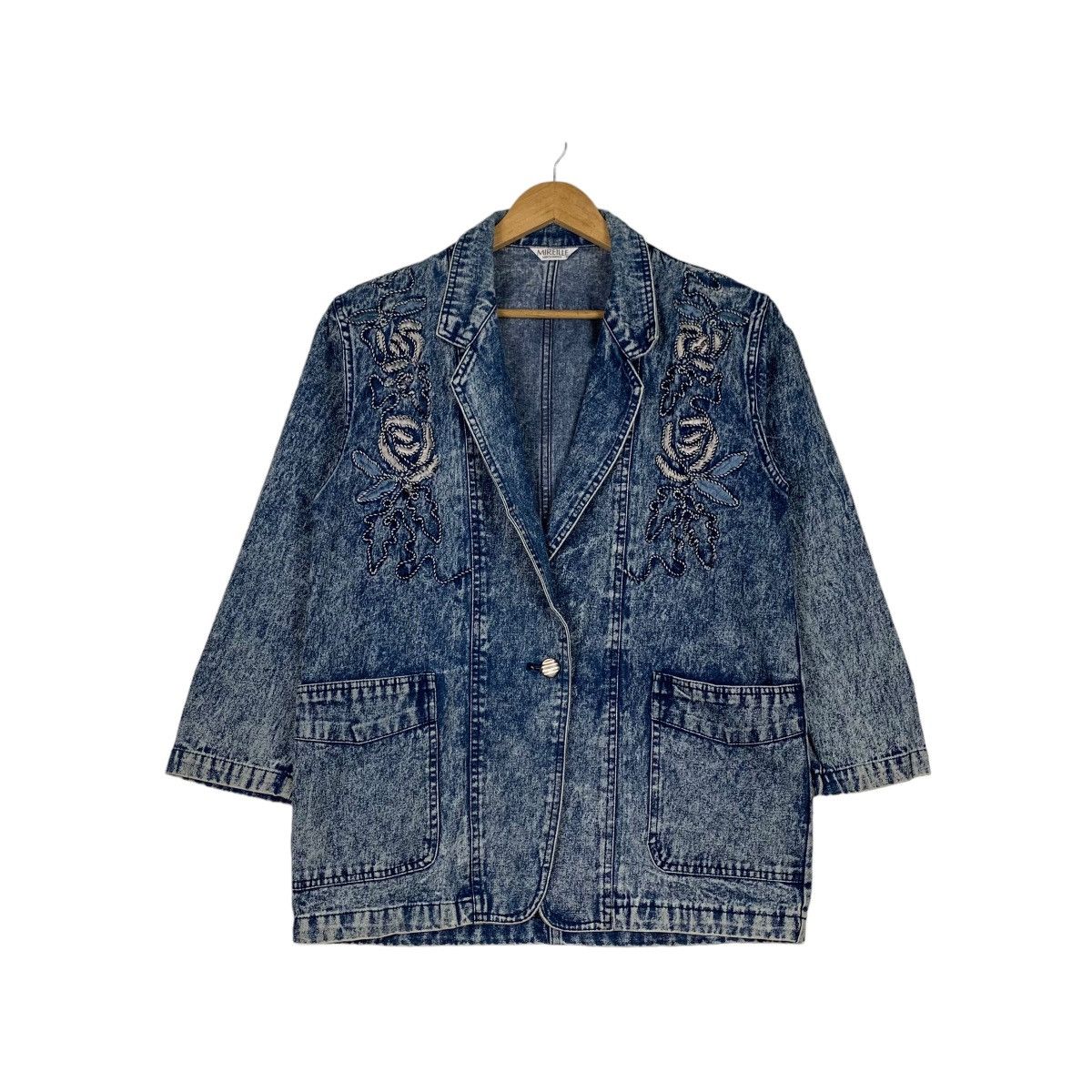 Japanese Brand MIREILLE Embroidery Logo Acid Wash Denim Jacket #1096-C50 Size L / US 10 / IT 46 - 1 Thumbnail