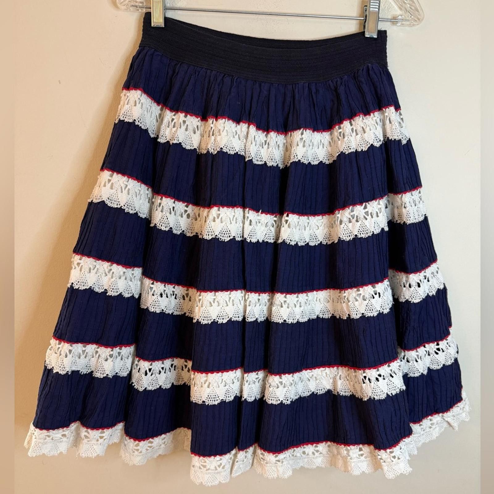 Other Handmade lace pleated ruffle midi skirt red white blue XS/SM Size 30" / US 8 / IT 44 - 1 Thumbnail