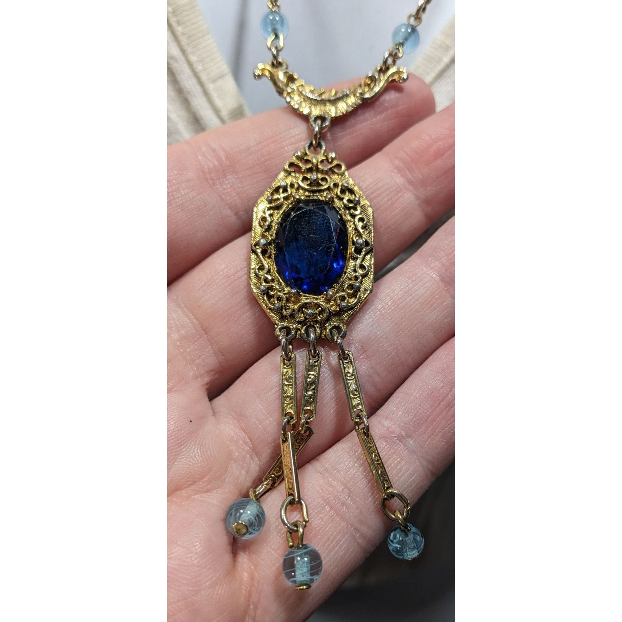 Other Antique Regal Flapper Style Gold-Tone Necklace With Blue Gl Size ONE SIZE - 3 Thumbnail