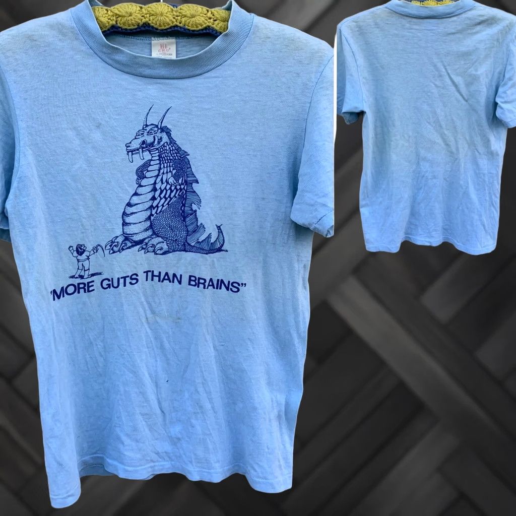 Vintage VINTAGE Stedman T-Shirt Dragon Knight MORE GUTS THAN BRAINS 70s 1970s Crew Neck Short Sleeve Blue Size S Men Size US S / EU 44-46 / 1 - 1 Thumbnail