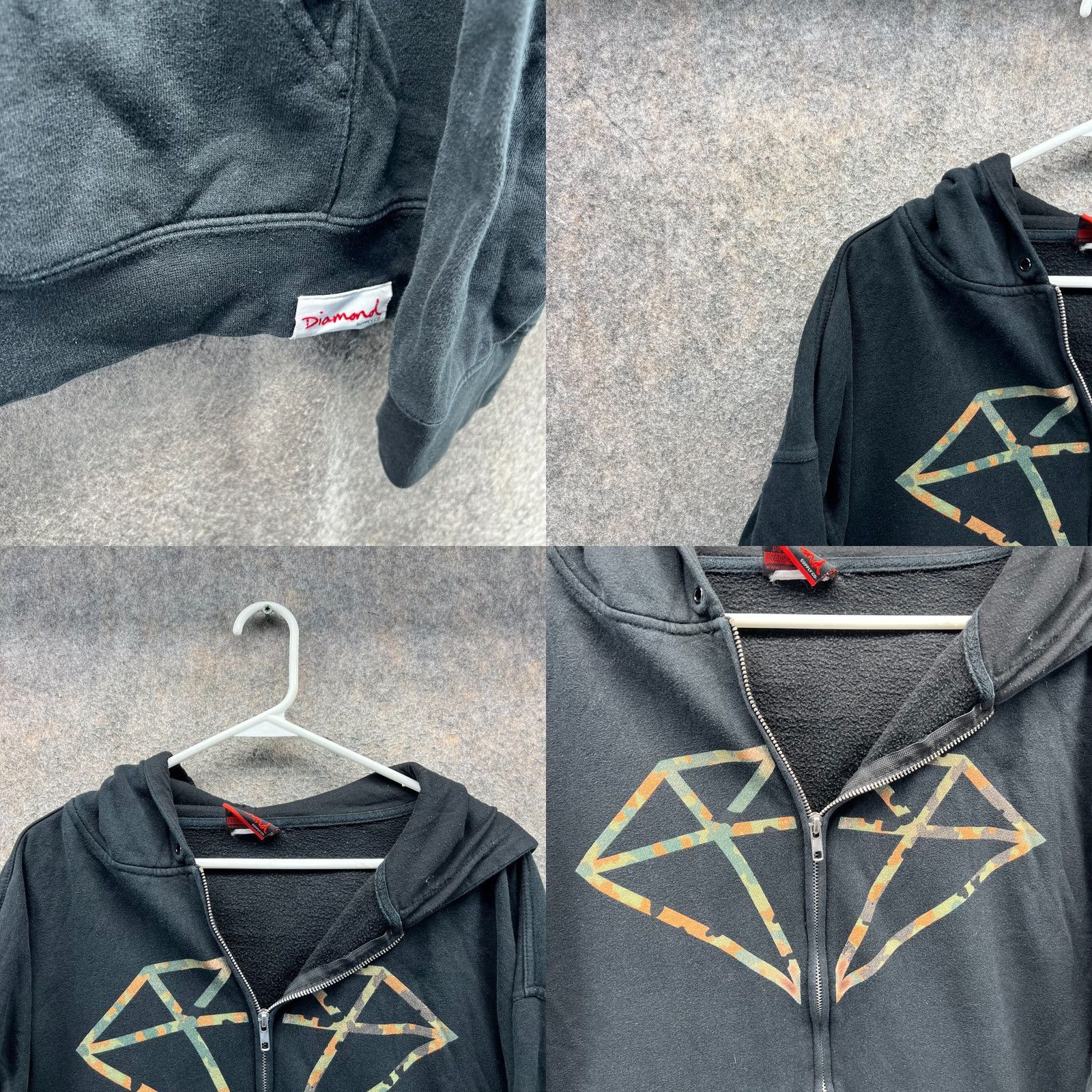 Vintage VINTAGE Diamond Hoodie Mens Large Black Full Zip Hoodie Fleece Big Print Jacket Vintage Size US L / EU 52-54 / 3 - 8 Thumbnail