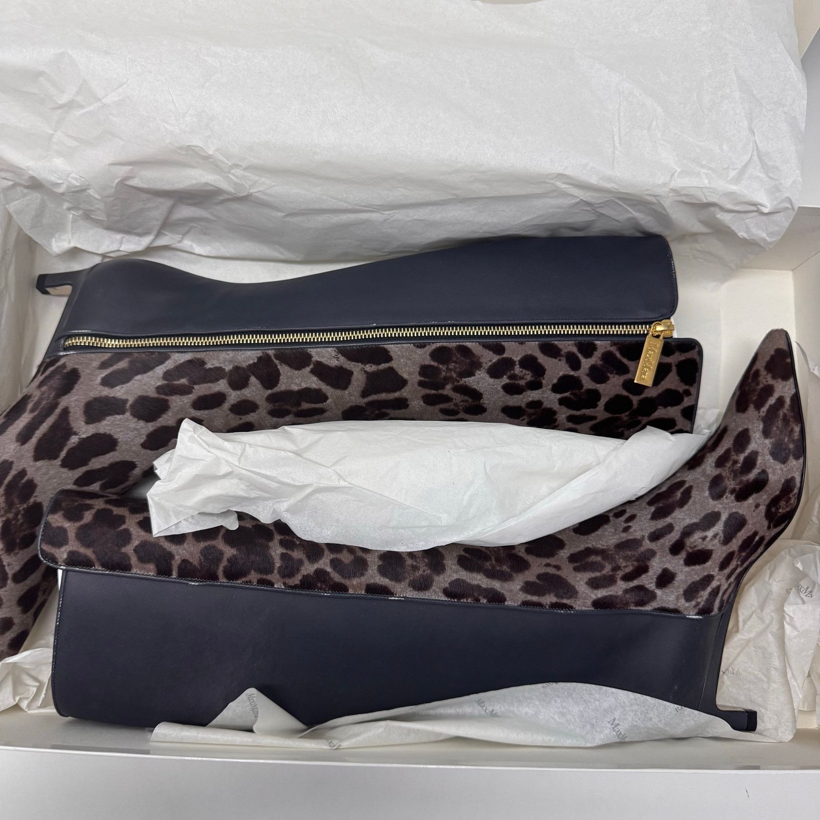 Max Mara Max Mara Women's Leopard Heeled Knee Boots Leather Mobwife Size US 7 / IT 37 - 8 Thumbnail