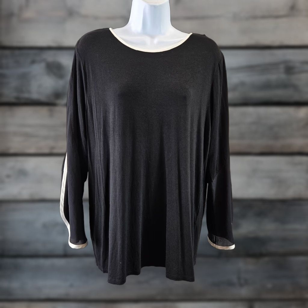 Vintage Chico's Womens Blouse Sz L Black White Trim 3/4 Sleeve Rayon Blend Keyhole Shirt Womens Size L / US 10 / IT 46 - 1 Thumbnail