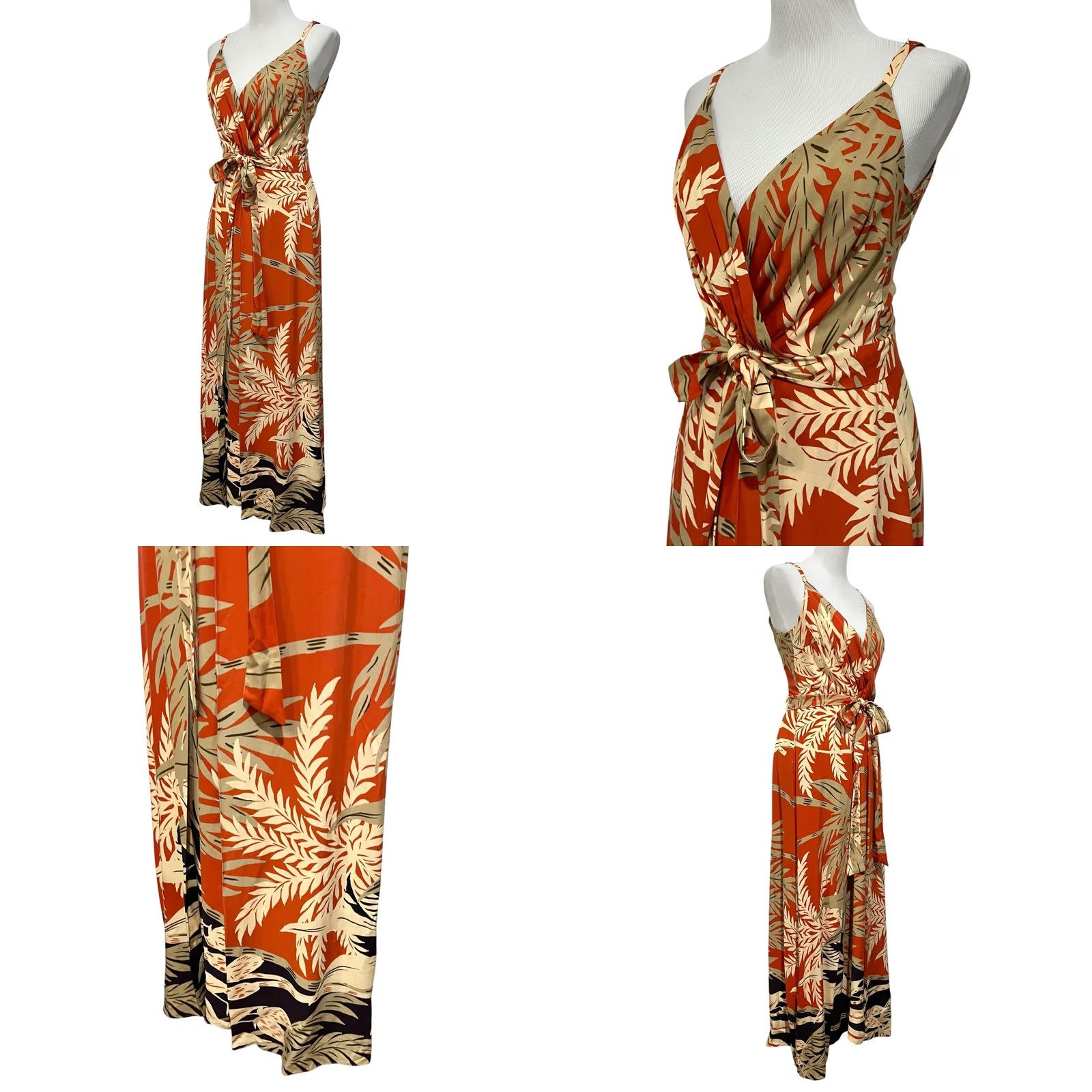 Vintage Halogen Palm Print Maxi Dress Belted Orange Tan V-Neck Adjustable Straps Size L Size L / US 10 / IT 46 - 8 Thumbnail