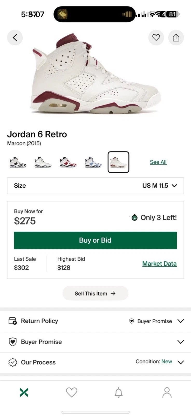 Jordan Brand Nike Air Jordan 6 Retro "Maroon" 2015 Size US 11.5 / EU 44-45 - 14 Thumbnail