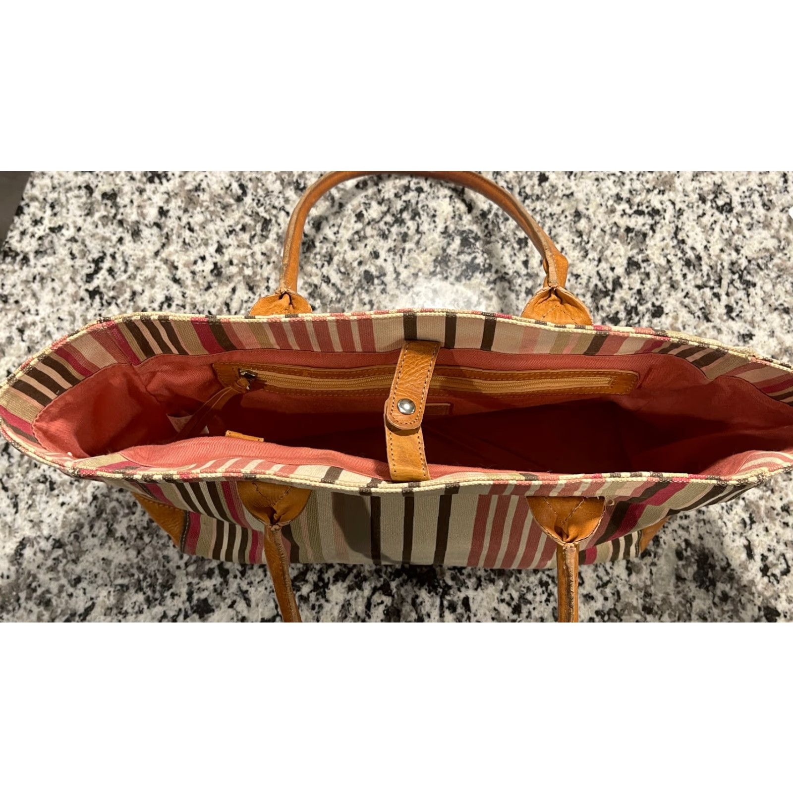 J. Jill J. Jill Tote Striped Canvas And Leather Purse Bag Womens Medium Multicolor Pink Trim Leather Accents Bag/Handbag Size ONE SIZE - 4 Thumbnail